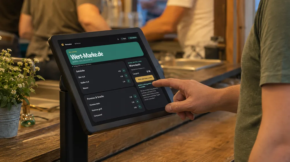 Gast tippt seine Bestellung selbst auf einem aufgestellten Tablet ein
